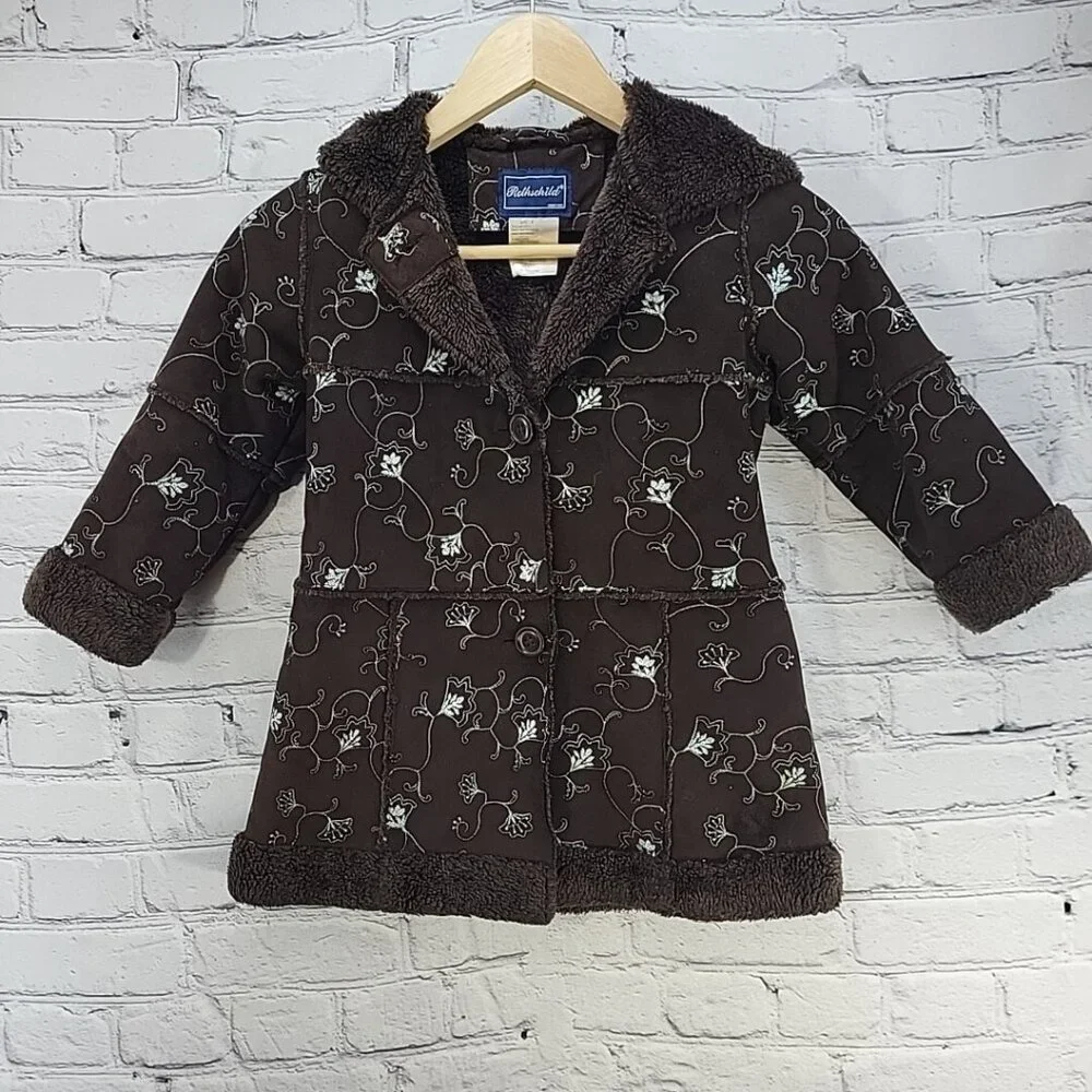 Rothschild Coat Girls Sz 4 Brown Faux Suede Embroidered Sherpa Lined‎